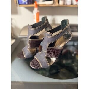 Tory Burch Heeled Sandals Womens 9.5M Blue Brown Good Croc Canvas Zip
